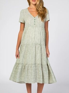 Small PinkBlush Light Olive Floral Chiffon Ruffle Hem Maternity Midi Dress
